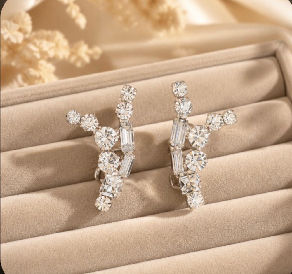 Mid-Century Old Hollywood Glamour Crystal Crawler Clip-On Earrings —